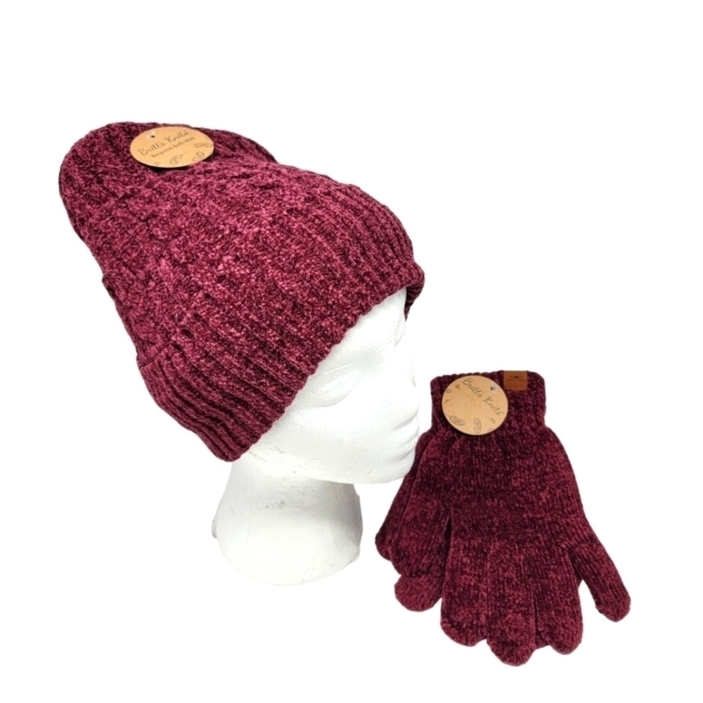 Britt’s Knits Beyond Soft Chenille Beanie Hat with Gloves Burgundy Red NWT T12